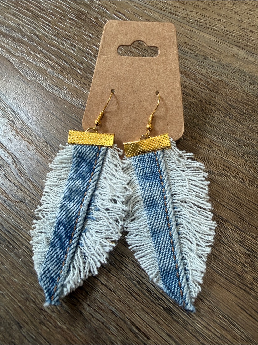 Gold & Denim Fringe Leaf Earrings - Women's Fashion Jewelry